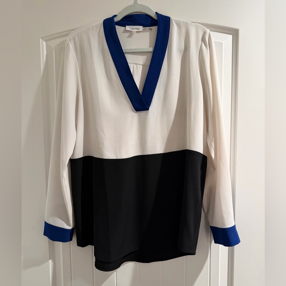 Calvin Klein White, Black & Royal Blue V-Neck Colorblock Blouse
